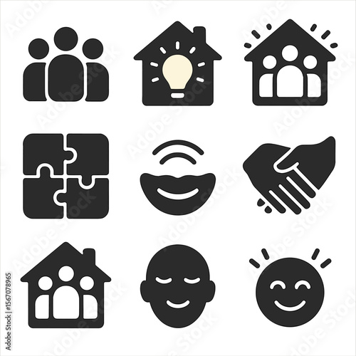 Cozy Togetherness Icons. Solid, filled icons set of togetherness and bonding at home: group icon, warm light,