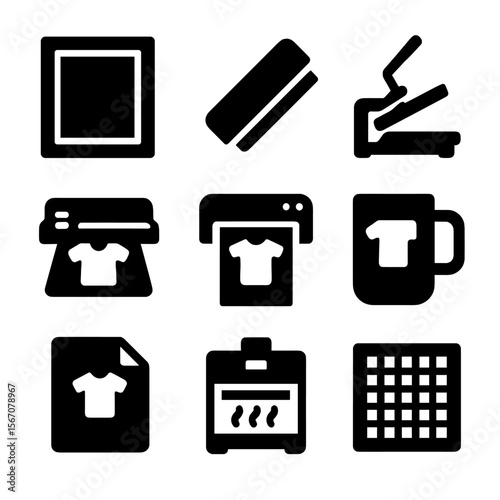 Printing Techniques Icons. Solid, Filled icon set of printing techniques: screen print frame, ink squeegee, heat press,