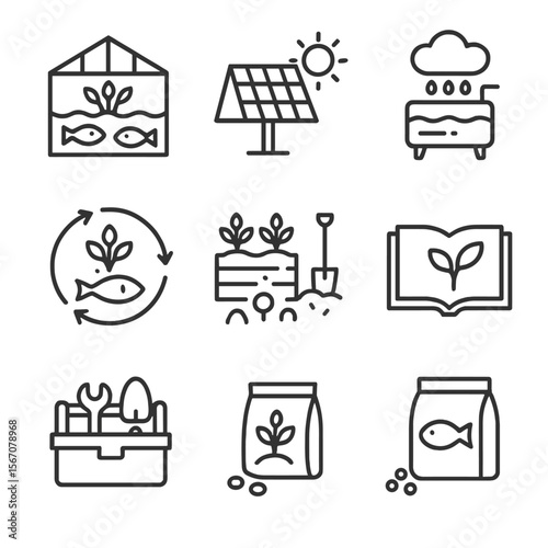 Aquaponics Icon Set. Outline icon set of sustainable aquaponics design and community: greenhouse structure, solar panel, rainwater
