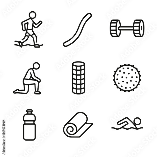 Aquatic Fitness Icons. Outline icon set of aquatic fitness and recovery: aqua jogging silhouette, pool noodle, water dumbbell,