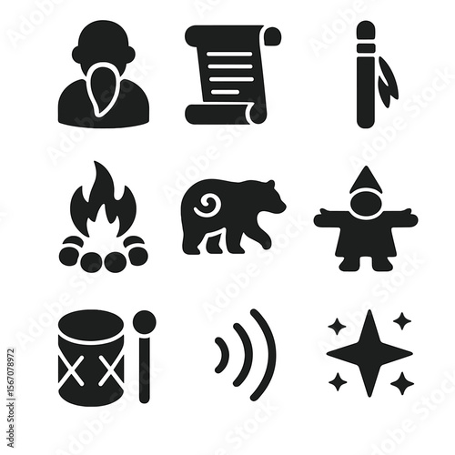 Traditional Storytelling Icons. Solid, filled icons set of traditional storytelling: elder icon, story scroll,