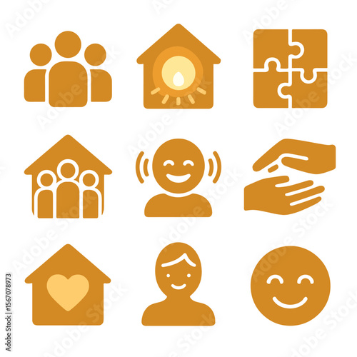 Cozy Togetherness Icons. Solid, filled icons set of togetherness and bonding at home: group icon, warm light,
