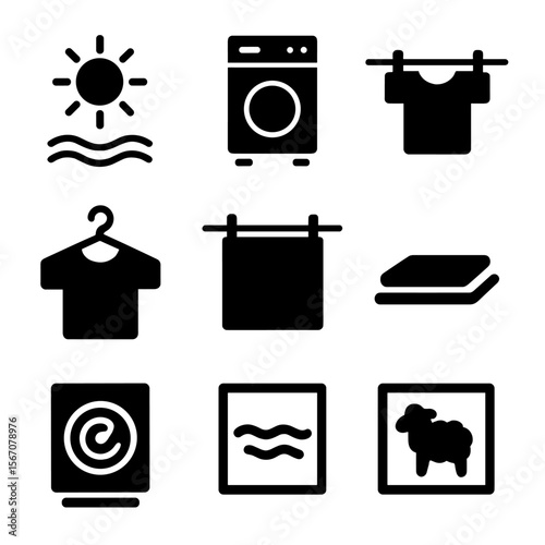 Drying Techniques Icons. Solid, filled icon set of drying techniques: air dry, tumble dry, line dry, hang dry, flat dry, spin dry,