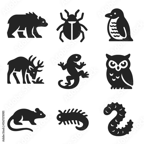 Tundra Invading Species Icons. Solid, filled icons set of tundra-invading species: frost-clawed bear,