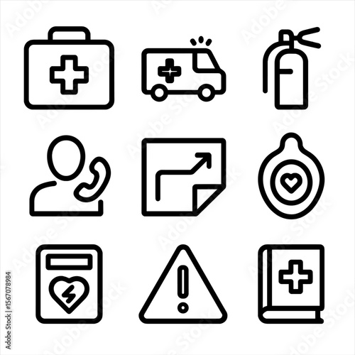 Emergency Preparedness Icons. Solid, filled icon set of preventive healthcare emergency preparedness: emergency kit, ambulance,