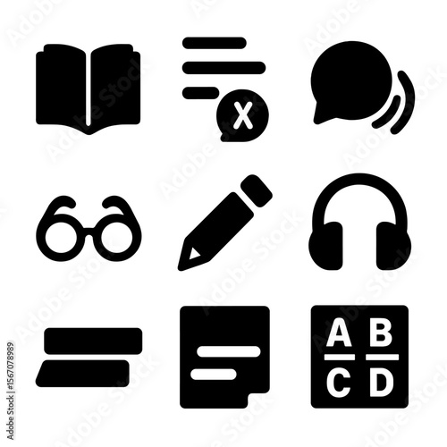 Dyslexia Support Icons. Solid, filled icon set of dyslexia support: open book, text overlay, sound waves, speech to text icon,
