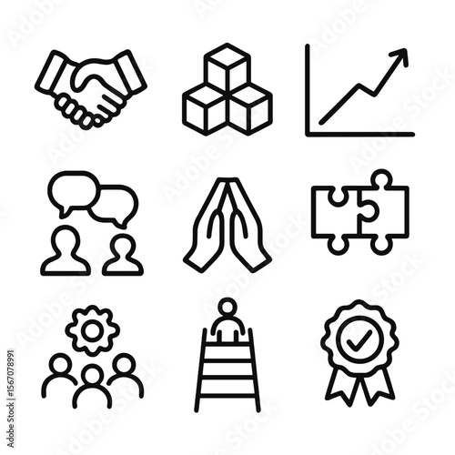 Trust Process Icons. Solid, filled icon set of trust development process: handshake, foundation blocks, growth chart, conversation