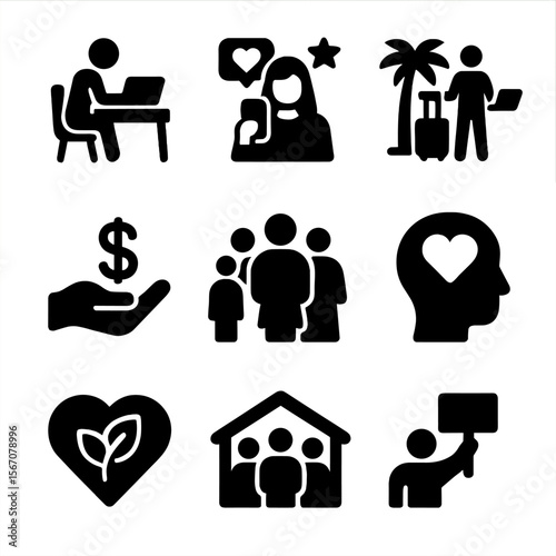 Emerging Social Trends Icons. Solid, filled icon set of emerging social trends: remote work, social media influence, digital