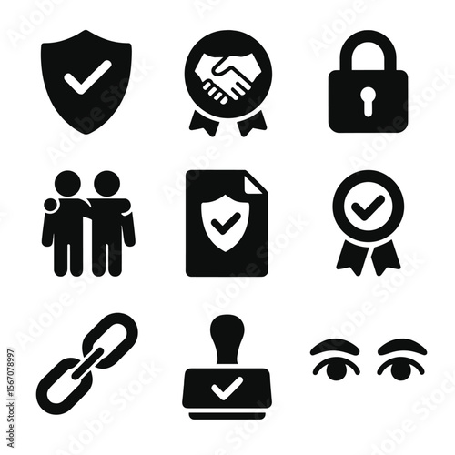 Trust Icon Set. Solid, filled icon set of trust and reliability: shield check, handshake badge, lock, team embrace, secure file,