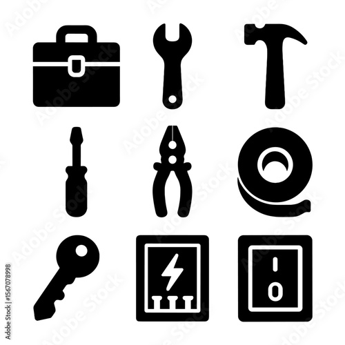 Emergency Tool Icons. Solid, filled icon set of emergency home maintenance tools: toolbox, wrench, hammer, screwdriver, pliers,