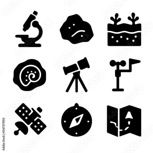 Earth Science Icons. Solid, filled icon set of Earth science: microscope, rock sample, soil, fossil, telescope, weather station,
