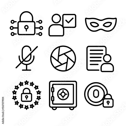 Privacy Icon Set. Outline icon set of privacy and security features: data encryption, user consent checkbox, anonymization mask,