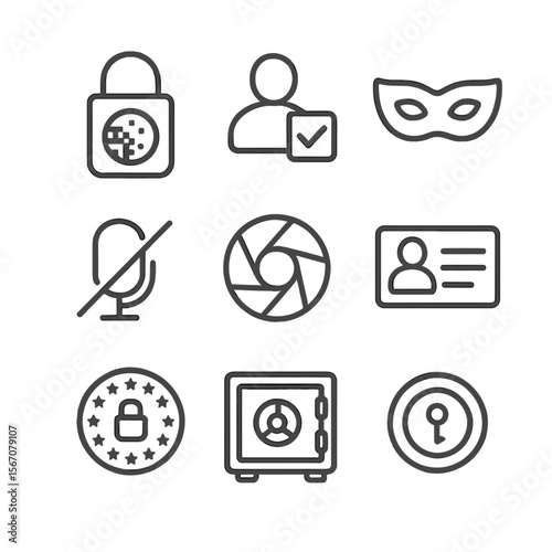 Privacy Icon Set. Outline icon set of privacy and security features: data encryption, user consent checkbox, anonymization mask,