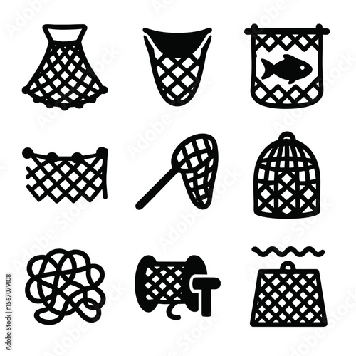 Fishing Net Icons. Solid, filled icon set of fishing nets: cast net, trawl net, net with fish, buoyed net, hand net, fish cage,