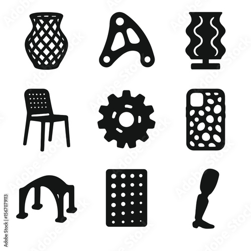 3D Product Icons Grid. Solid, Filled icon set of 3D-printed product concepts: lattice vase, topology-optimized bracket, gyroid