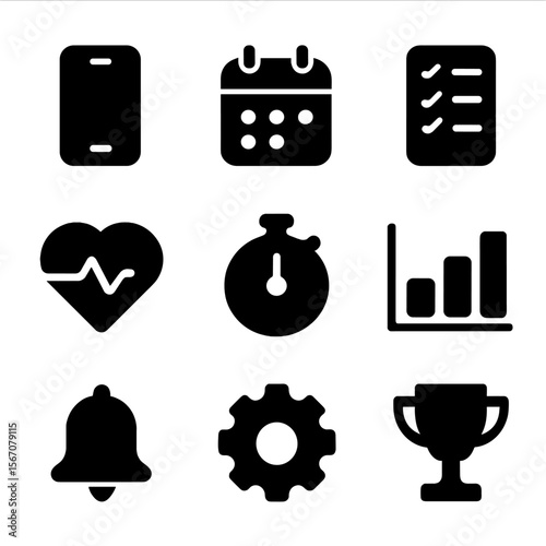 Fitness App Icons. Solid, filled icon set of fitness tracking and apps: smartphone, calendar, checklist, heart monitor, stopwatch,