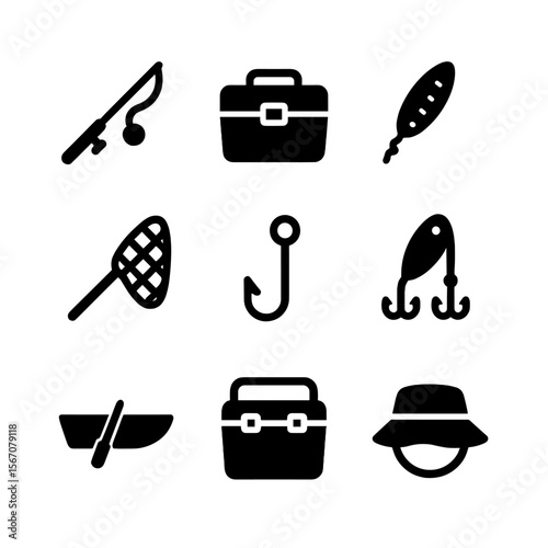 Fishing Gear Icons. Solid, filled icon set of lake fishing gear: fishing rod, tackle box, bait, fishing net, fish hook, lure,
