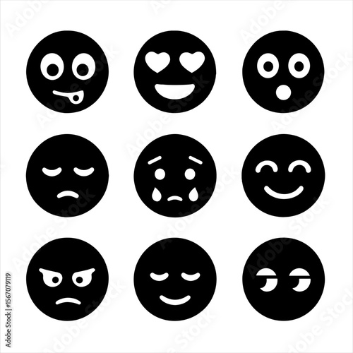 Emotional Icon Grid. Solid, filled icon set of emotional facial expressions: hungry eyes, heart eyes, surprised eyes, sleepy eyes,