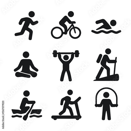 Fitness Activity Icons. Solid, filled icon set of fitness activities tracking: running, cycling, swimming, yoga, weightlifting,