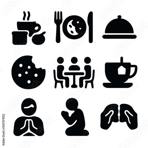 Eating Rituals Icons. Solid, filled icon set of eating rituals and habits: breakfast, lunch, dinner, snack, communal eating, tea