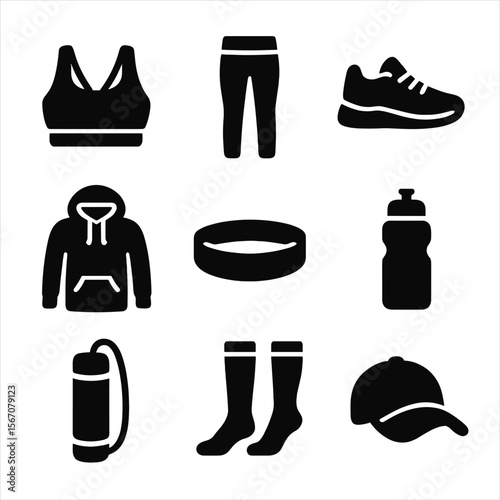 Fitness Gear Icons. Solid, filled icon set of fashion for fitness and wellness: sports bra, leggings, gym shoes, fitness hoodie,