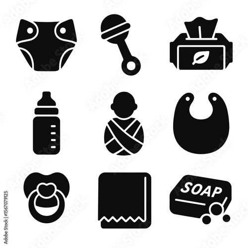Eco Baby Essentials Icons. Solid, filled icon set of eco-friendly baby care items: cloth diaper, wooden rattle, organic wipe,