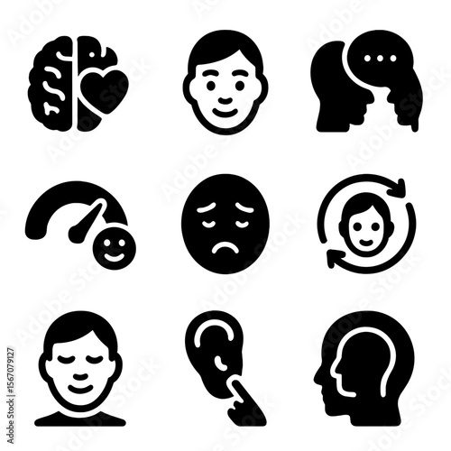Emotional Intelligence Icons. Solid, filled icon set of emotional intelligence in dialogue: brain with heart, understanding face,