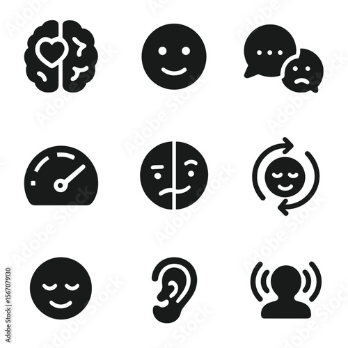 Emotional Intelligence Icons. Solid, filled icon set of emotional intelligence in dialogue: brain with heart, understanding face,