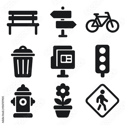 Urban Elements Icons. Solid, filled icon set of Urban street elements: bench, street sign, bike lane, trash can, newspaper stand,