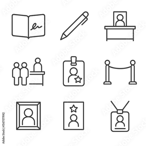 Autograph Session Icons. Outline icon set of autograph signing sessions: autograph book, pen, merchandise table, queue of fans,