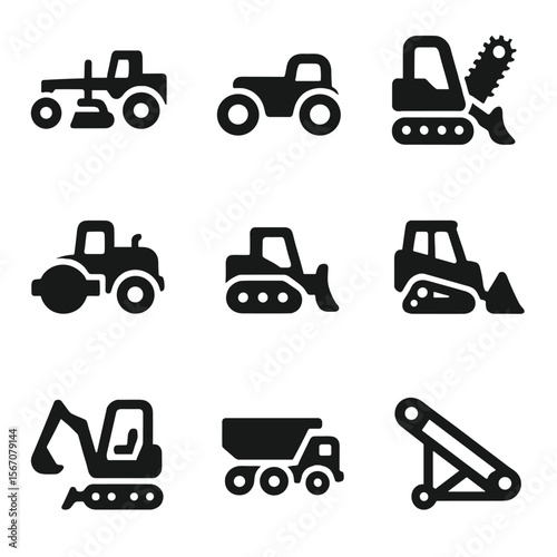 Earthmoving Equipment Icons. Solid, filled icon set of earthmoving equipment: grader, scraper, trenching machine, roller,