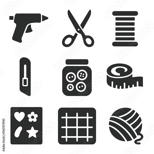 Crafting Tools Icons. Solid, filled icons set of crafting and DIY gift items: glue gun, fabric scissors,