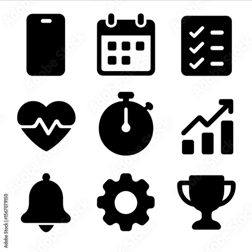 Fitness App Icons. Solid, filled icon set of fitness tracking and apps: smartphone, calendar, checklist, heart monitor, stopwatch,