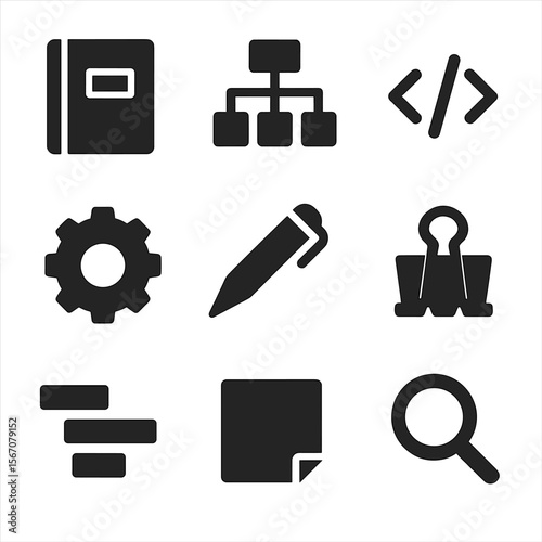 Project Icon Set. Solid, Filled icon set of project documentation: technical notebook, diagram flowchart, code snippet, gear icon,