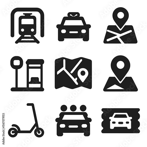 Urban Commuting Icons. Solid, filled icons set of urban commuting and travel: subway icon, taxi icon,