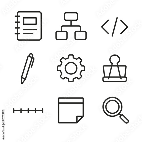 Project Documentation Icons. Outline icon set of project documentation: technical notebook, diagram flowchart, code snippet, gear
