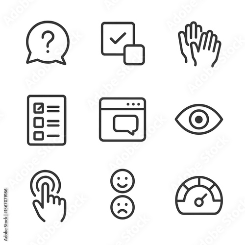 Audience Engagement Icons. Outline icon set of audience engagement and interaction: speech bubble Q&A, polling checkbox, applause
