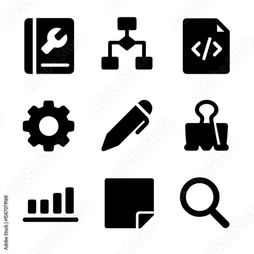 Project Icon Set. Solid, Filled icon set of project documentation: technical notebook, diagram flowchart, code snippet, gear icon,
