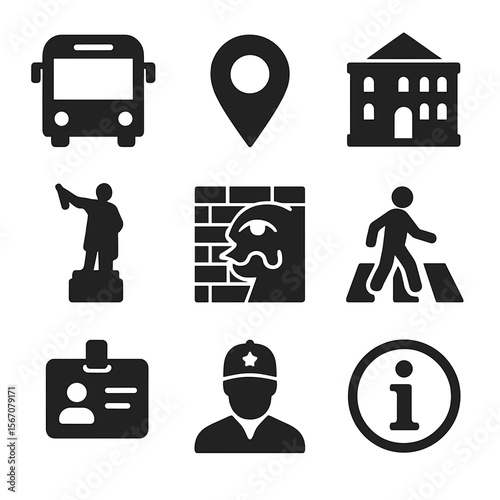 Urban Exploration Icons. Solid, filled icons set of urban exploration outings: city bus, map marker, historic
