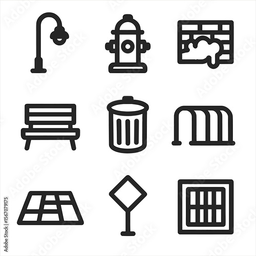 Urban Icon Grid. Solid, filled icon set of urban environment details: street lamp, fire hydrant, graffiti wall, bench, trash can,