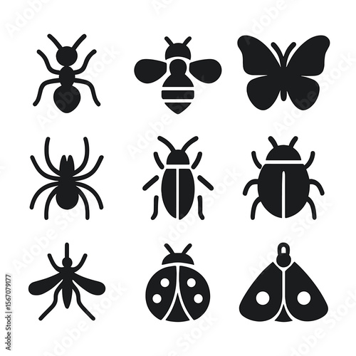 Urban Insects Icons. Solid, filled icons set of urban insects and arthropods: ant, bee, butterfly, spider,