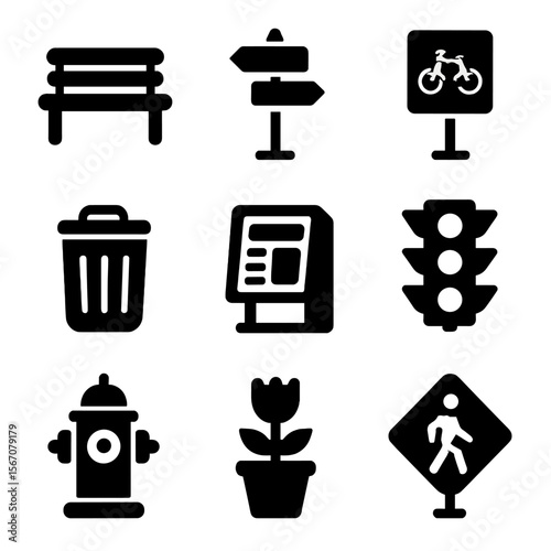 Urban Elements Icons. Solid, filled icon set of Urban street elements: bench, street sign, bike lane, trash can, newspaper stand,
