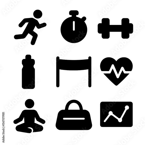 Fitness Icon Grid. Solid, filled icon set of fitness challenge participation: running person, stopwatch, dumbbells, water bottle,