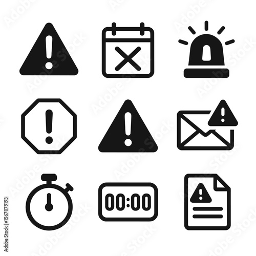 Urgent Deadline Icons. Solid, filled icon set of overdue and urgent due dates: red alert, crossed calendar, flashing alarm, stop
