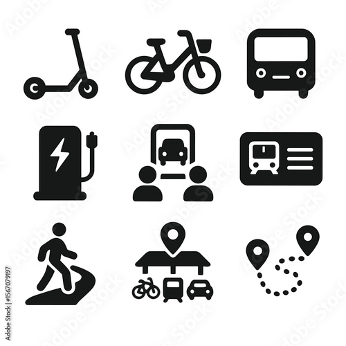 Urban Mobility Icons. Solid, filled icons set of urban mobility advancements: electric scooter, bike share,