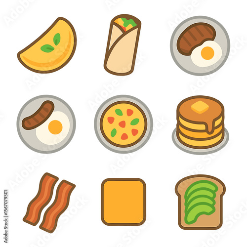 Protein Breakfast Icons. Flat icon set of protein-packed breakfasts: omelette, breakfast burrito, steak and eggs, sausage platter,