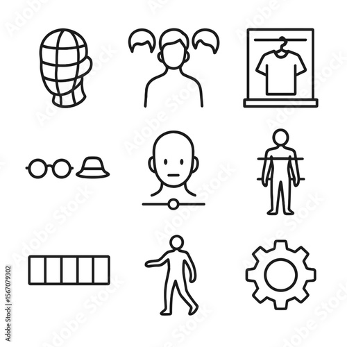 Avatar Customization Icons. Outline icon set of avatar creation and customization: 3D head model, hairstyle options, clothing
