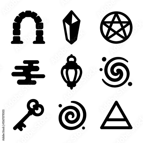Enchanted Gateway Icons. Solid, filled icon set of enchanted gateway elements: stone archway, crystal prism, magical sigil,