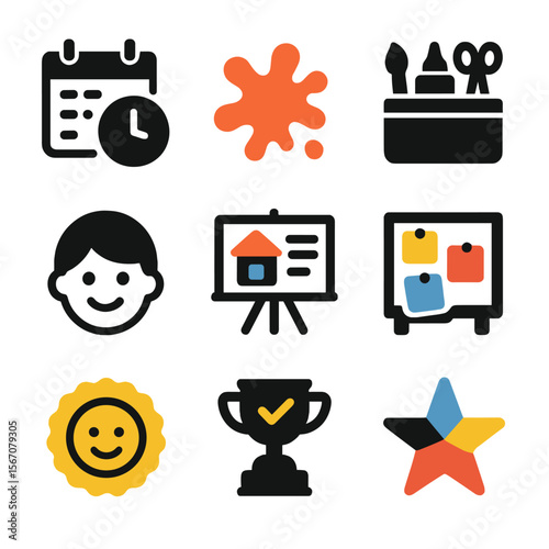 Creative Expression Icons. Solid, filled icons set of creative expression in after-school programs: activity