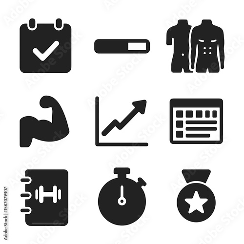 Fitness Icon Set. Solid, filled icon set of fitness progression tracking: calendar checkmark, progress bar, before/after torso,